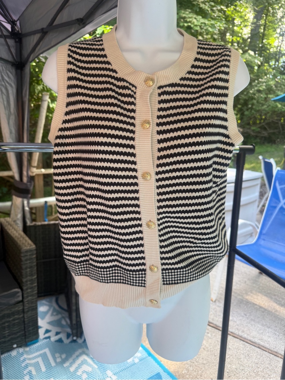 Adrianna Papell Black and Cream Striped Knit Top